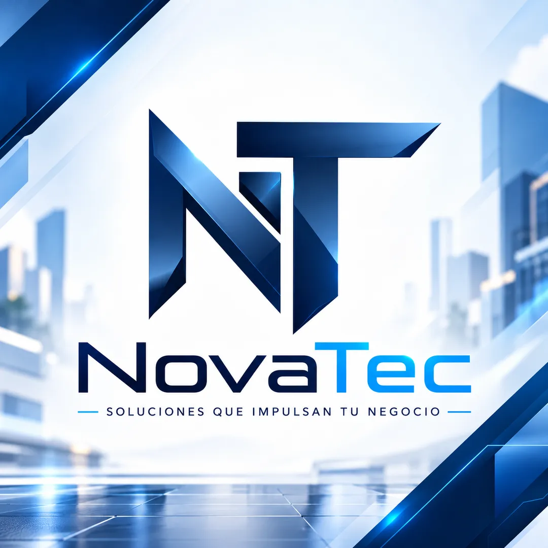 NovaTec: monograma azul y lema Soluciones que impulsan tu negocio.
