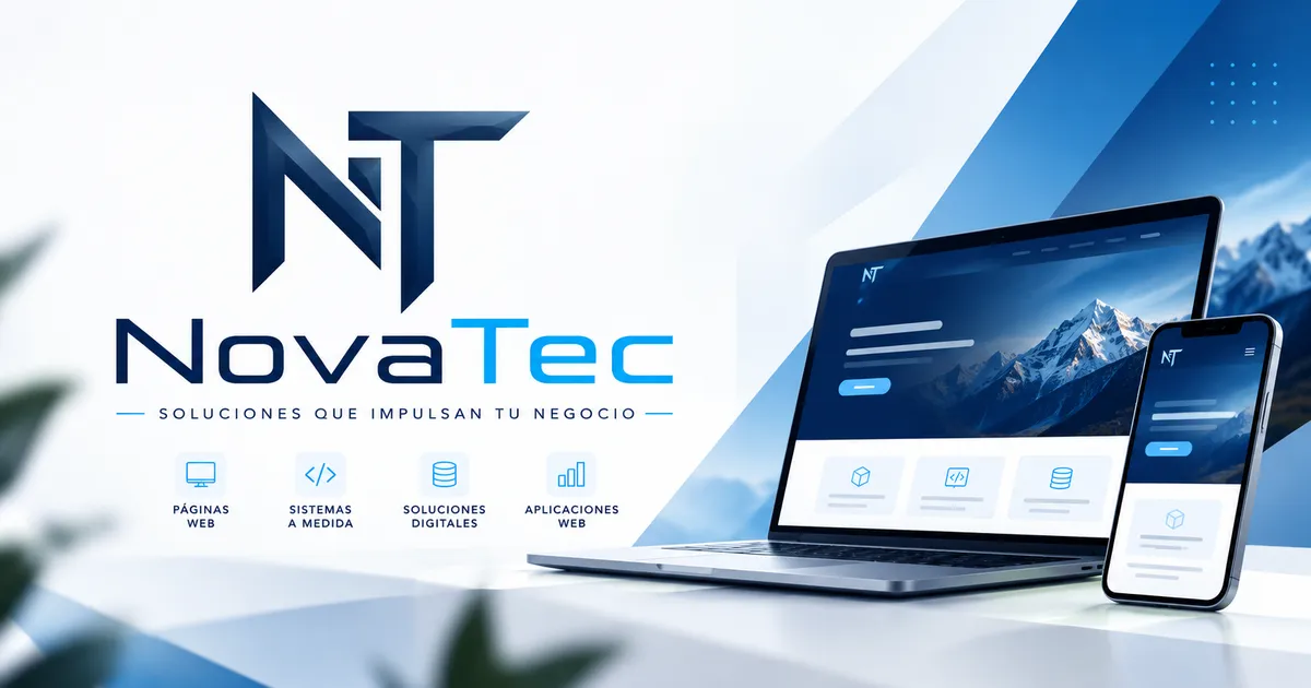 Presentación de NovaTec con su logotipo, servicios digitales y una ilustración de interfaces en laptop y celular.